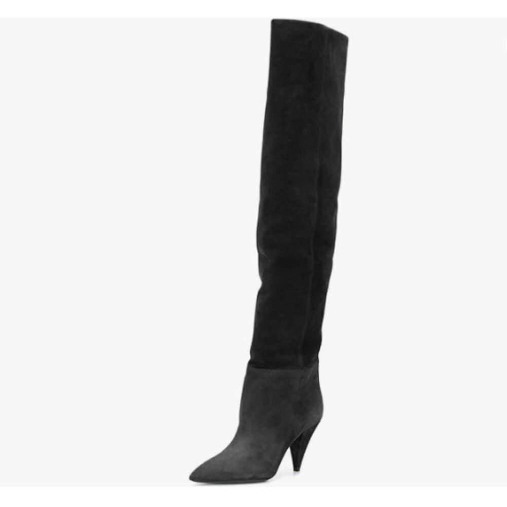 XYD Black Sassy Cone Mid Heels Thigh High Boots for Women Over The Knee Booties